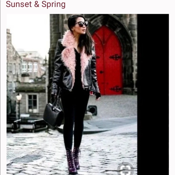 Black & Pink Faux Fur Black Moto Jacket - Picture 1 of 13